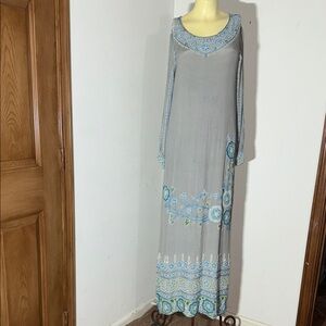 Chic Gray and Blue Floral Long Sleeve Dress